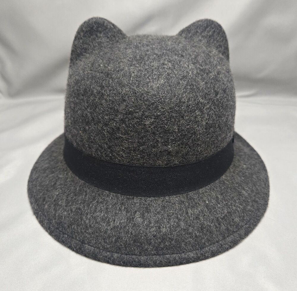 ZARA Kids Gray Felt Fedora Hat Cat Ears Wide Brim Black Band 22 in